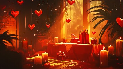 Elegant valentine's day greeting with red hearts, lovely gifts, and a warm ambiance