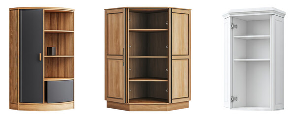 Modern Corner Cabinets in Wood and White on Transparent Background
