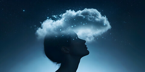 A cloud of swirling thoughts above a person’s head, with some thoughts turning into gentle stars, symbolizing peace emerging from chaos.


