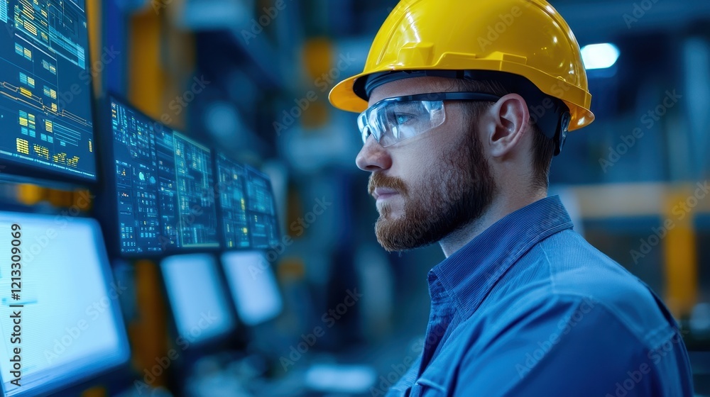 Poster focused male engineer analyzing data on multiple screens in factory