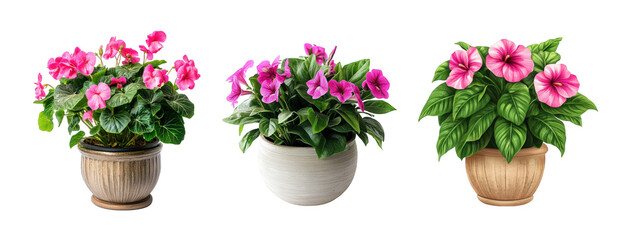 Fototapeta premium Three beautiful potted flowering plants with vibrant pink blossoms in various stylish pots.