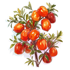 Tamarillo Bush with Fruit – Watercolor Illustration, Vibrant Fruit-bearing Bush Art, Hand-painted Tamarillo Fruit, Botanical Design, Nature-inspired Watercolor
