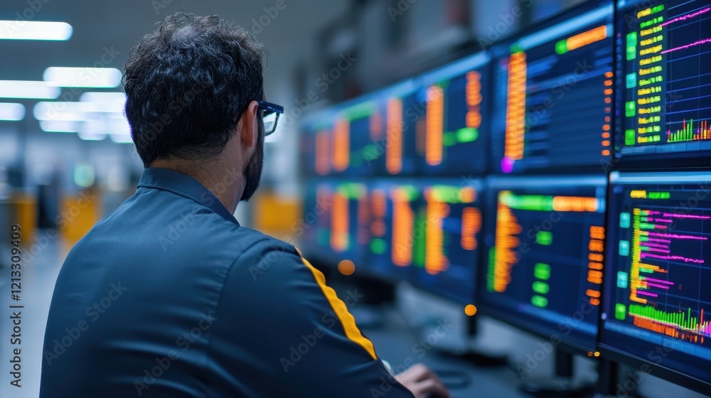 Aufkleber professional analyst reviewing data on multiple computer monitors