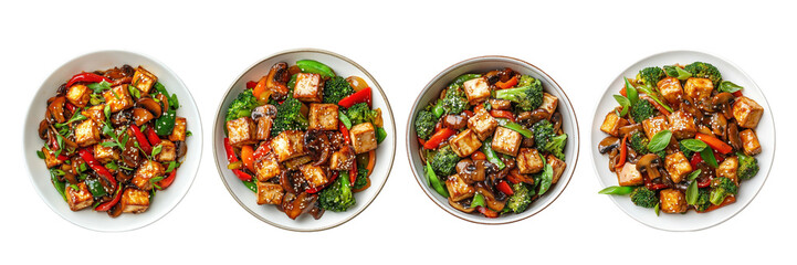 Fototapeta premium Four vibrant bowls of stir-fried tofu and vegetables, showcasing a colorful arrangement perfect for health-conscious diners.