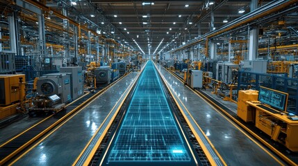 Obraz premium Futuristic Smart Factory: Automated Production Line with Digital Overlay
