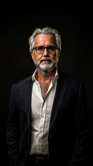 Fototapeta premium The image shows a person wearing a dark suit jacket over a white button-up shirt, with the shirt's top button undone, against a dark background