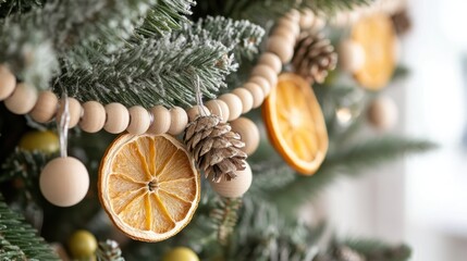 DIY tree garlands made from wooden beads, dried orange slices, and sprigs of greenery for a cozy vibe