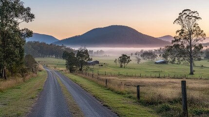 Fototapeta premium Morning sunlight glowing through a foggy meadow, creating a peaceful rural scene.