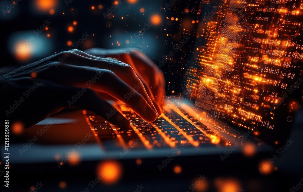 Aufkleber Futuristic Document Management System Employee Working with Computer in Cyberpunk Style