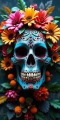A vibrant, colorful skull adorned with flowers and intricate designs