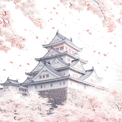 Naklejka premium Japanese Castle with Cherry Blossoms