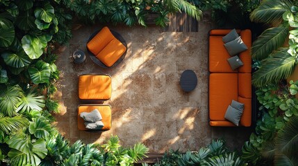 Aerial View of a Modern Patio with Sofa and Garden Landscape Design