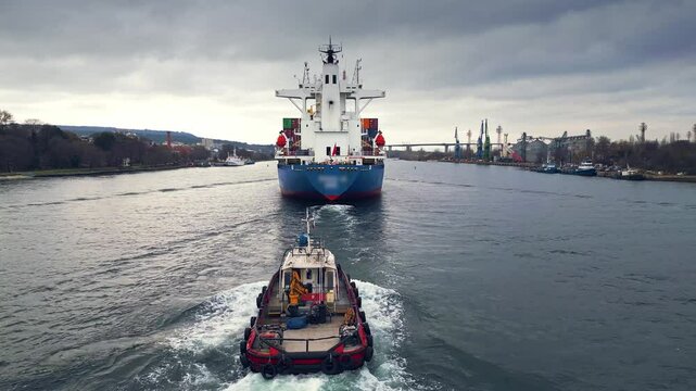 A container ship escorted by a red tugboat in a narrow waterway near a port, with industrial structures and cloudy skies in the background