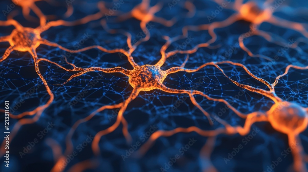 Poster abstract neural network with vibrant orange connections and nodes
