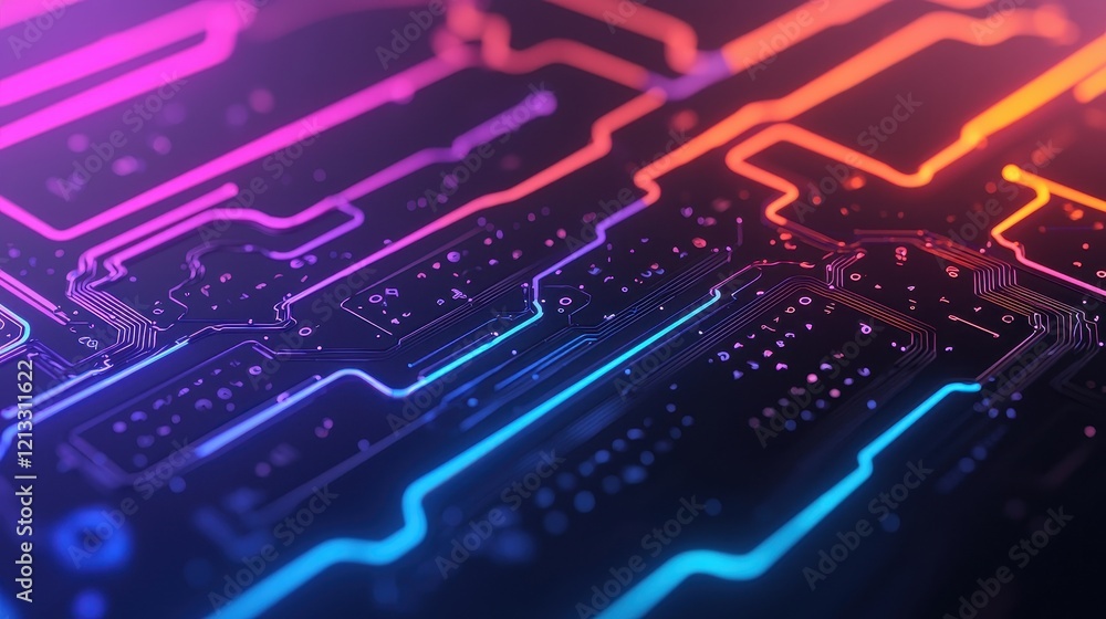 Poster abstract digital circuit pattern with colorful neon lights effect