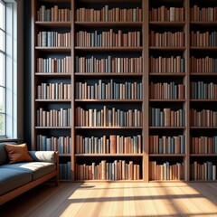 A cozy reading nook with a large bookshelf and a comfortable couch