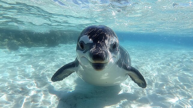 Underwater close-up of a curious Commerson's dolphin.