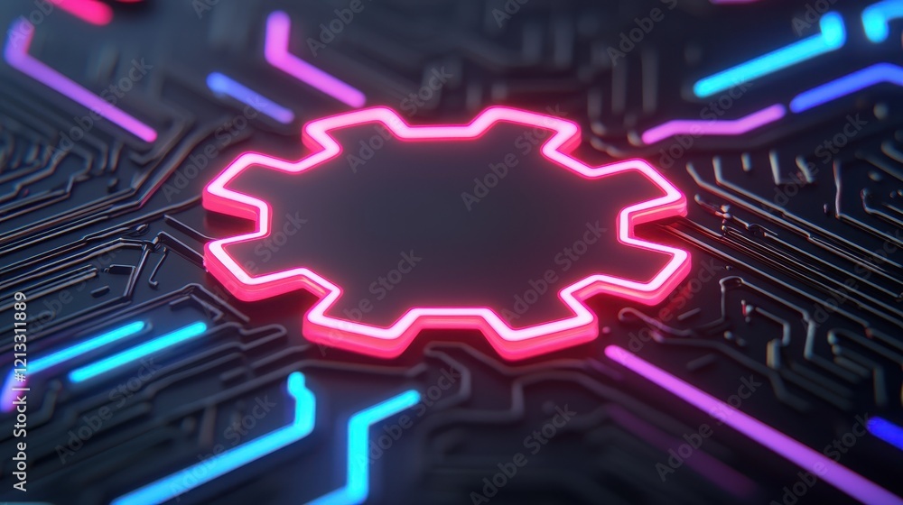 Poster abstract neon gear on circuit pattern background for technology design