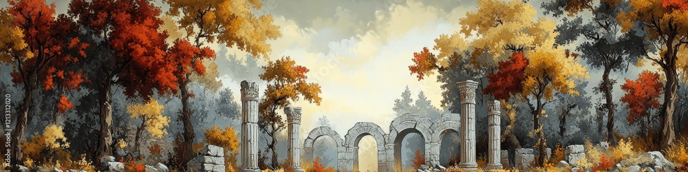 Wall mural Majestic Autumn Landscape with Ancient Ruins and Vibrant Fall Foliage Featuring Arches and Stone Columns in a Serene Forest Setting