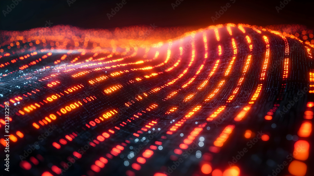 Poster abstract digital energy flow with glowing particles and dynamic waves, futuristic technology backgro