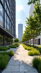 A serene urban oasis with lush greenery and modern architecture