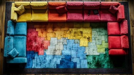 Vibrant Rainbow Colored Carpet and Sectional Sofa in Modern Living Room