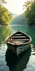 Obraz premium A serene lake scene with a weathered wooden boat