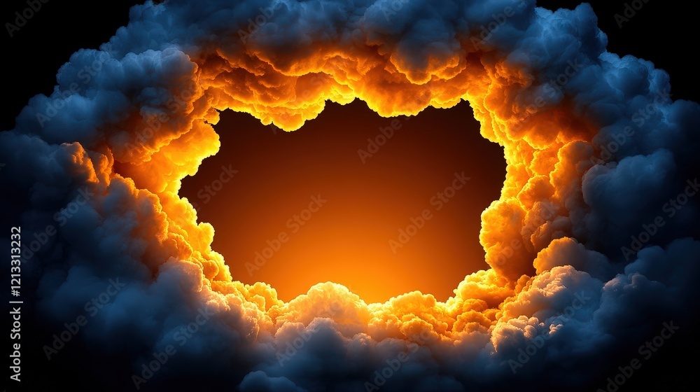 Poster celestial gateway: a fiery, otherworldly portal glows within a swirling vortex of dark and luminous 