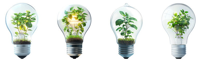 Collection of Light Bulbs with Plants Isolated on Transparent Background