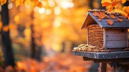 Vibrant Autumn Scene with Colorful Beehives in a Meadow Near the Forest