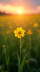 Fototapeta premium A field of yellow flowers in the sunset