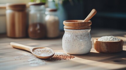 Homemade baking ingredients on a wooden table