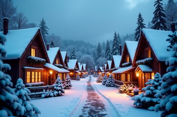 Snowy village scene, serene and peaceful