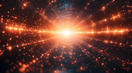 Obraz premium Abstract cosmic energy tunnel with glowing particles and bright light, an orange and red background