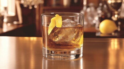 Classic Whiskey Cocktail with Ice and Lemon Twist on Bar Counter in Elegant Setting Perfect for Cocktail Lovers and Mixologists