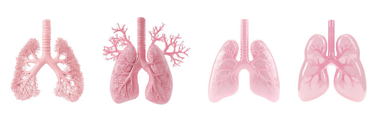 Illustration of human lungs showcasing various stages and structures in pink hues.