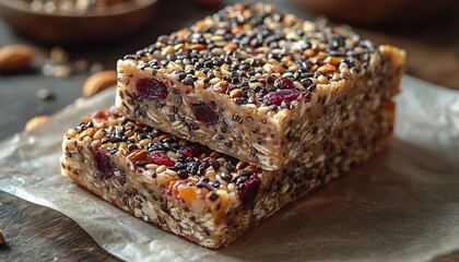 Homemade granola bars with oats, nuts, and dried fruits, styled on parchment paper for a healthy snack idea