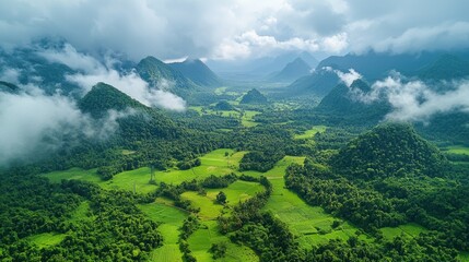 Aerial View of Lush Green Mountains and Rice Terraces in Vietnam