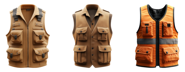 Collection of Isolated Safety and Fishing Vests on Transparent Background