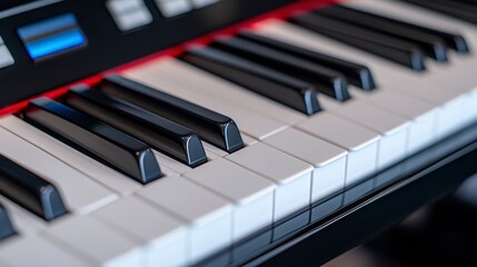 Close-up of piano keys showcasing black and white keys in a modern music setting
