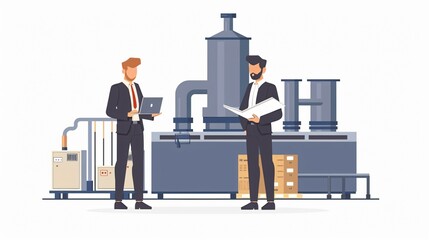 Professional business collaboration in factory setting with laptop usage