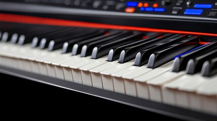 Close-up of piano keys showcasing intricate details and vibrant lighting effects