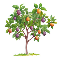 Wild Plum Tree with Fruit – A Vibrant and Rich Vector Illustration in Watercolor Flat Style
