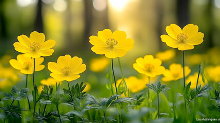 Fototapeta premium Vibrant Yellow Wildflowers in a Sunlit Meadow
