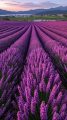 Fototapeta premium Stunning Lavender Field with Scenic Sunset Sky and Rolling Hills in Provence France - Perfect for Travel Inspiration and Nature Photography Lovers