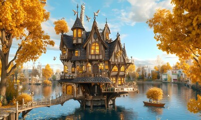 Autumnal lake house, whimsical design, city backdrop, fairytale scene