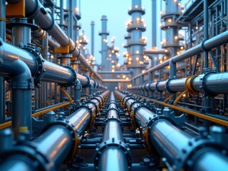 A complex network of pipes and valves, with lights illuminating the metal structures