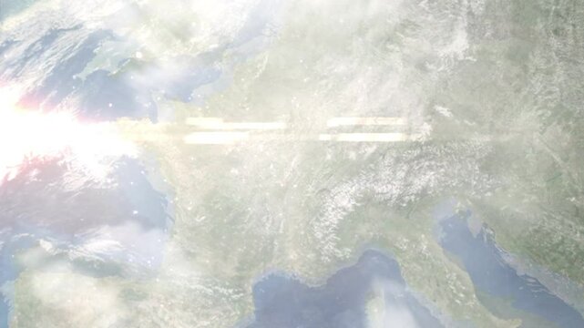 Earth zoom in from space and focus on Dijon, France. Background for travel blog or intro. Satellite view. 3D style animation. Images from NASA.