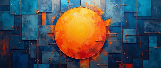 A vibrant, geometric abstract art piece with a central orange circle and blue and orange background