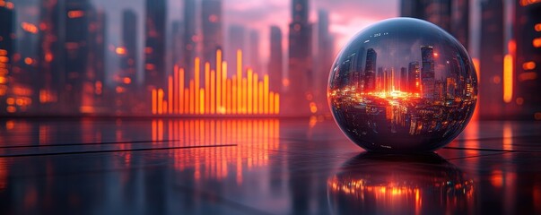 Futuristic Glass Globe Reflecting a Cityscape with Abstract Stock Market Graph and Line Chart